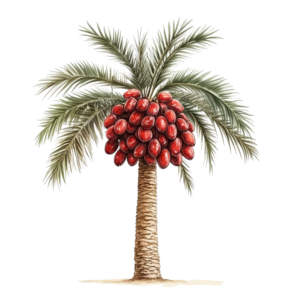 This robust date palm features clusters of vibrant red raw dates, showcasing natures rich harvest, red raw date palm isolated on transparent background png