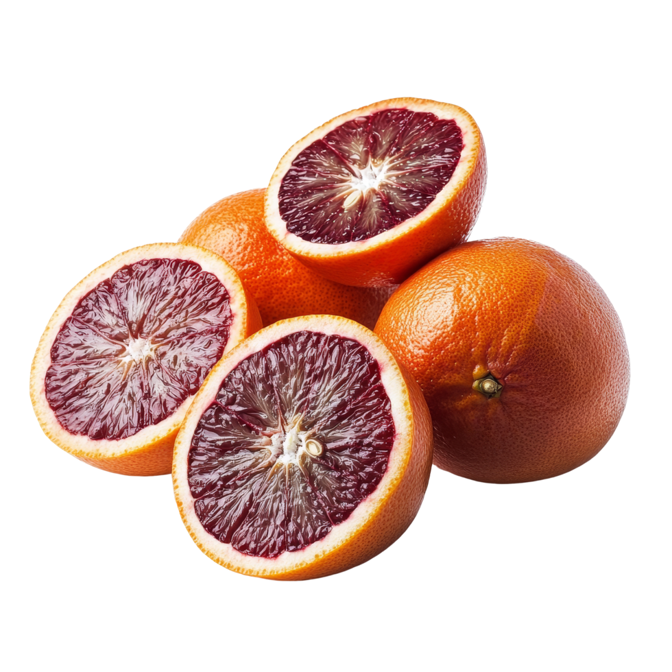 Fresh blood oranges with vibrant red centers on a clean transparent background, Blood oranges isolated on transparent background png