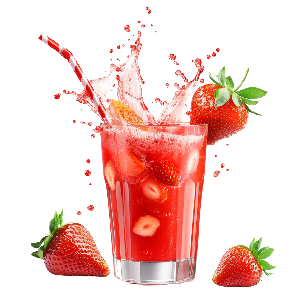Refreshing strawberry juice splashes with vibrant fruit around on a sunny day, Strawberry juice with fruits splash png