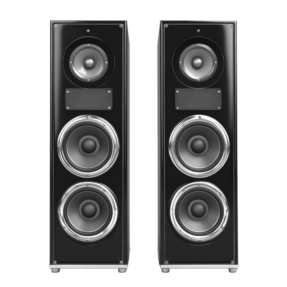 High quality loudspeakers showcased in a modern design against a clean background, audio loudspeakers, front view, 3d render, isolated on transparent background png