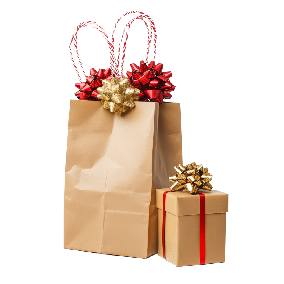 Colorful gift boxes burst from a festive paper bag for holiday celebrations and special occasions, Gift boxes pop out from paper bag isolated on transparent background png