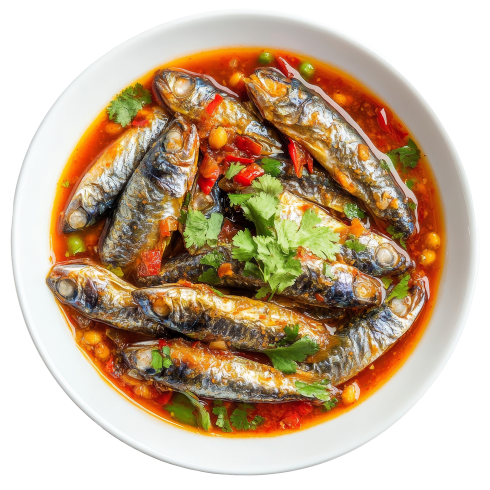 Delicious spicy sardines in tomato sauce served in a bowl on a transparent background, Spicy Sardines in tomato sauce canned fish ,Yum thai food style on transparent background png