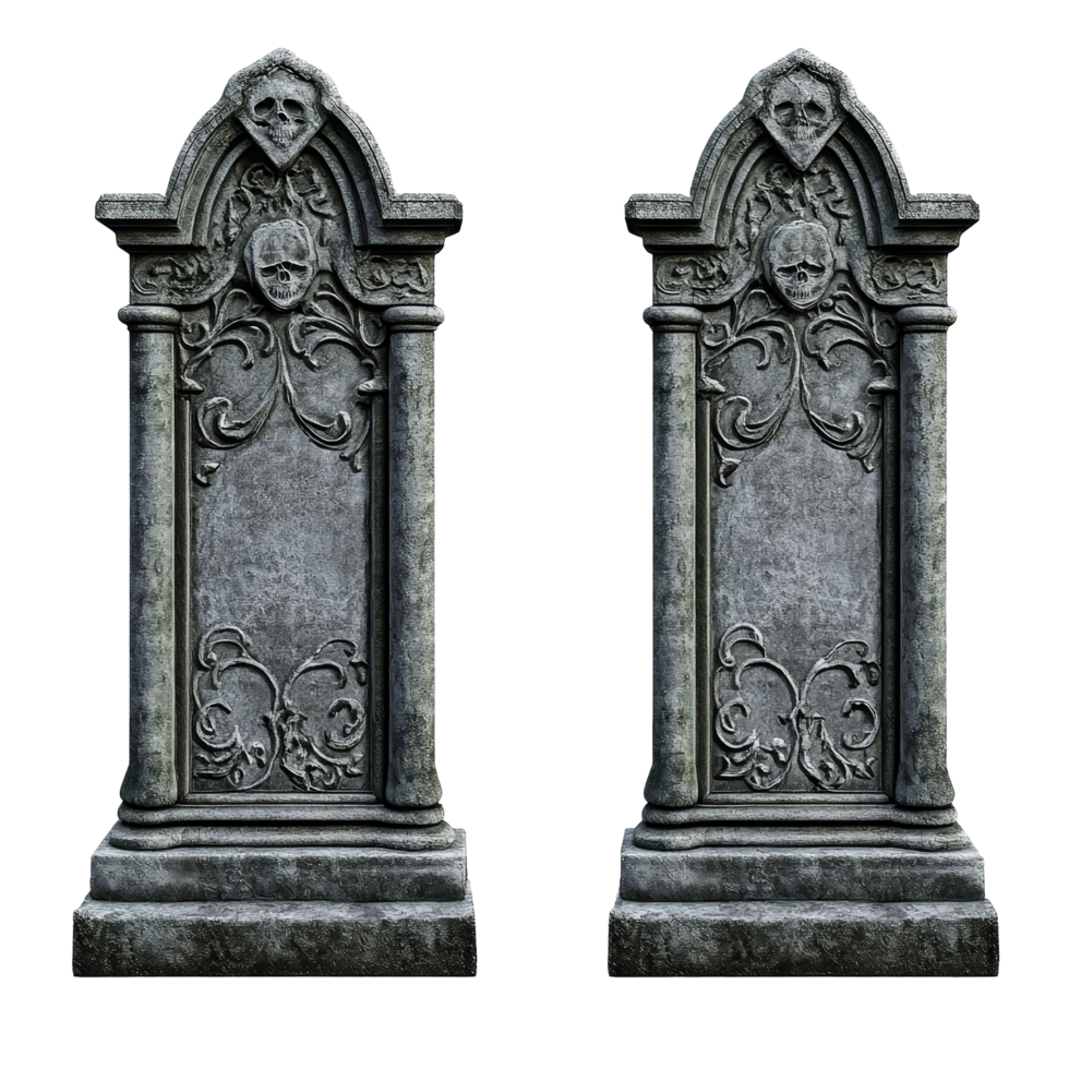 Isolated tombstones on a transparent background showcasing intricate designs and stone textures, tombstones, file of isolated object on transparent background png
