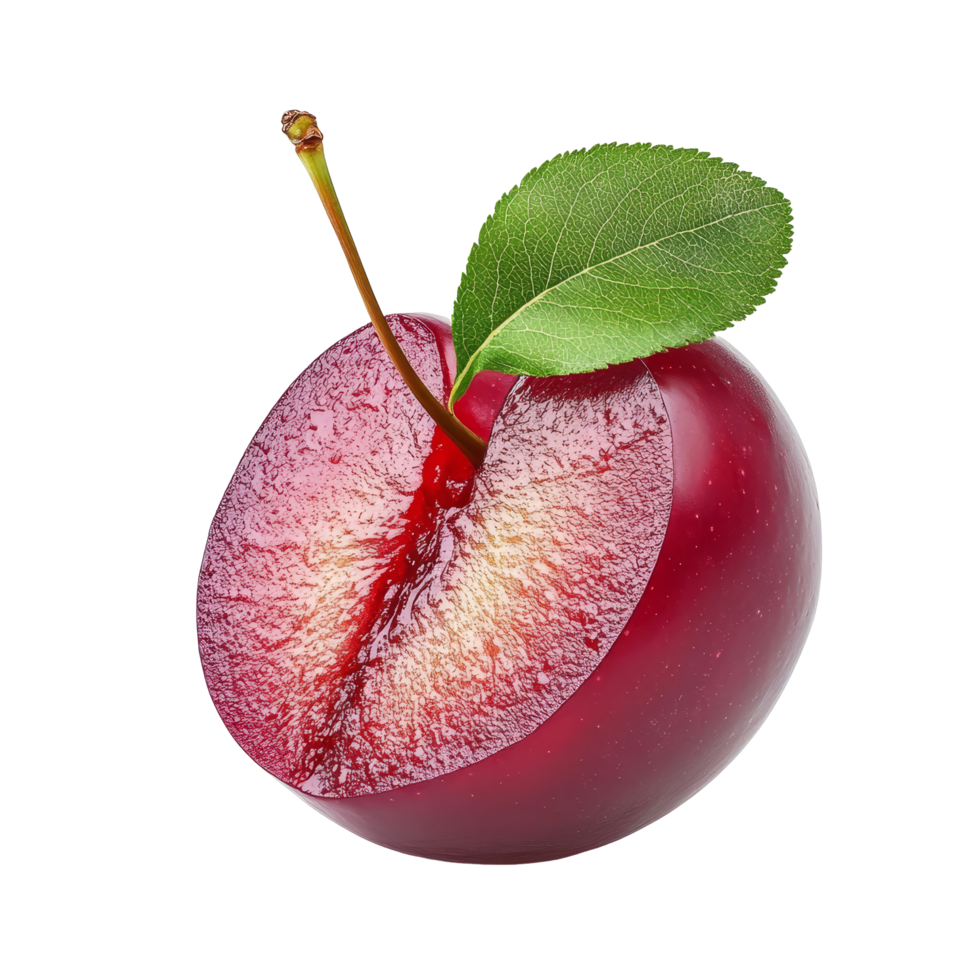 Fresh half red cherry plum with a green leaf isolated on a bright transparent background for culinary use, half red cherry plum with leaf isolated on transparent background png