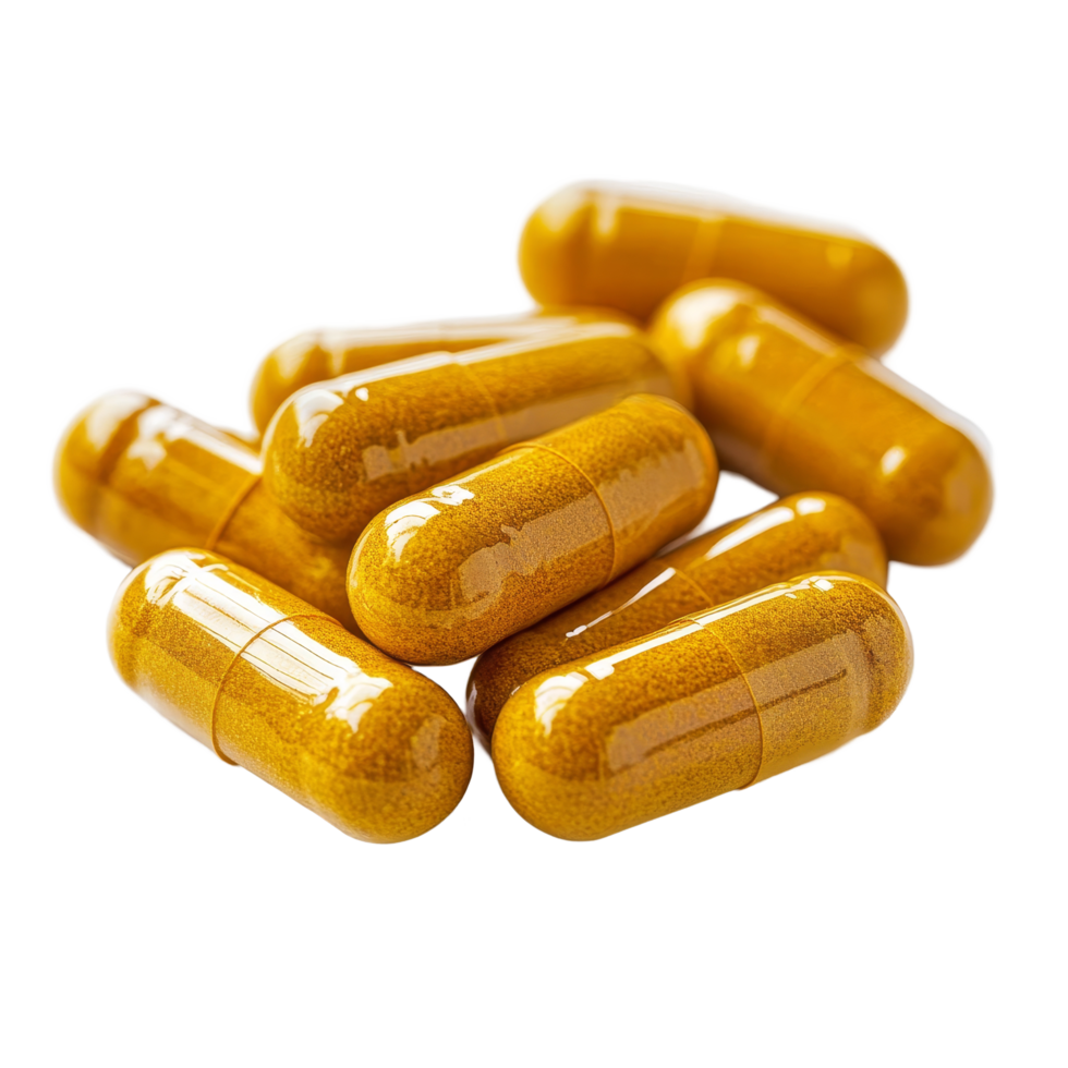 Turmeric herb capsules spilling on a clean transparent background showcasing natural health supplements, herb turmeric capsules spilling on transparent background png