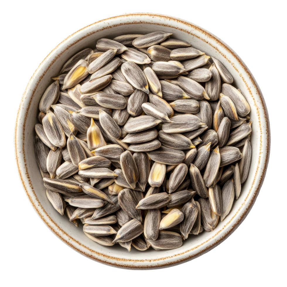 Sunflower seeds in a rustic bowl on a plain transparent background, showcasing their natural texture and color, Sunflower seeds in a bowl on a transparent background png