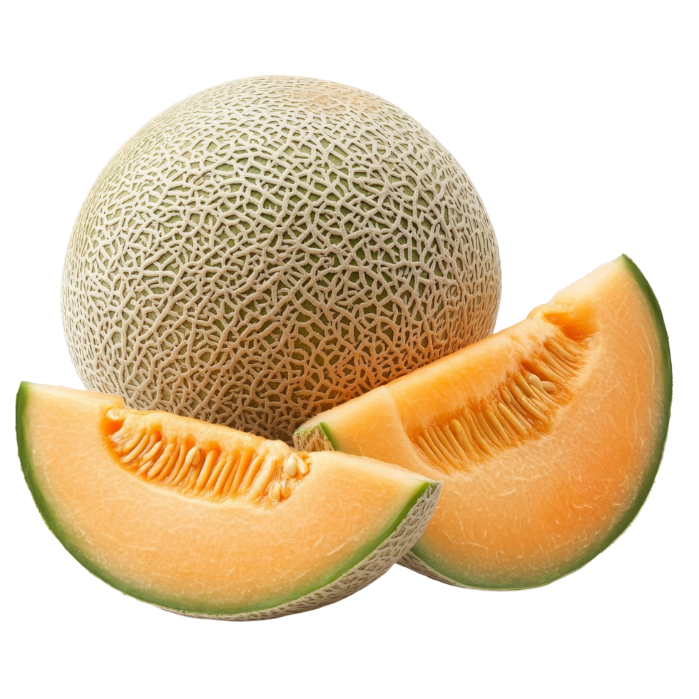 Discover the vibrant colors and delectable textures of whole and sliced Japanese cantaloupe on a clean background, whole and slice of japanese melons, or cantaloupe isolated transparent background png