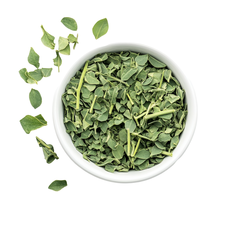 Dried moringa leaves in a transparent bowl on a clean transparent surface for cooking and health benefits, dry moringa leaves in transparent bowl on transparent background png