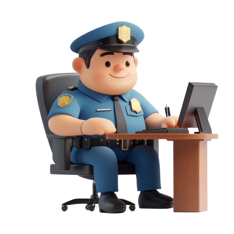 Police officer character diligently working at a workstation on a sleek transparent transparent surface, 3D Police Officer Character at Workstation on transparent background png