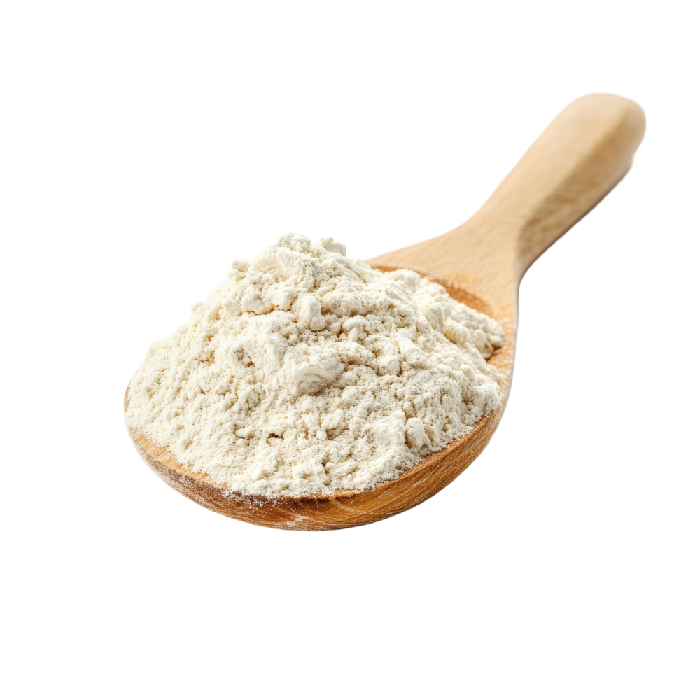 A wooden spoon filled with transparent wheat flour resting on a clean transparent surface ready for baking and cooking activities, Pile of transparent wheat flour in wooden spoon on transparent background png