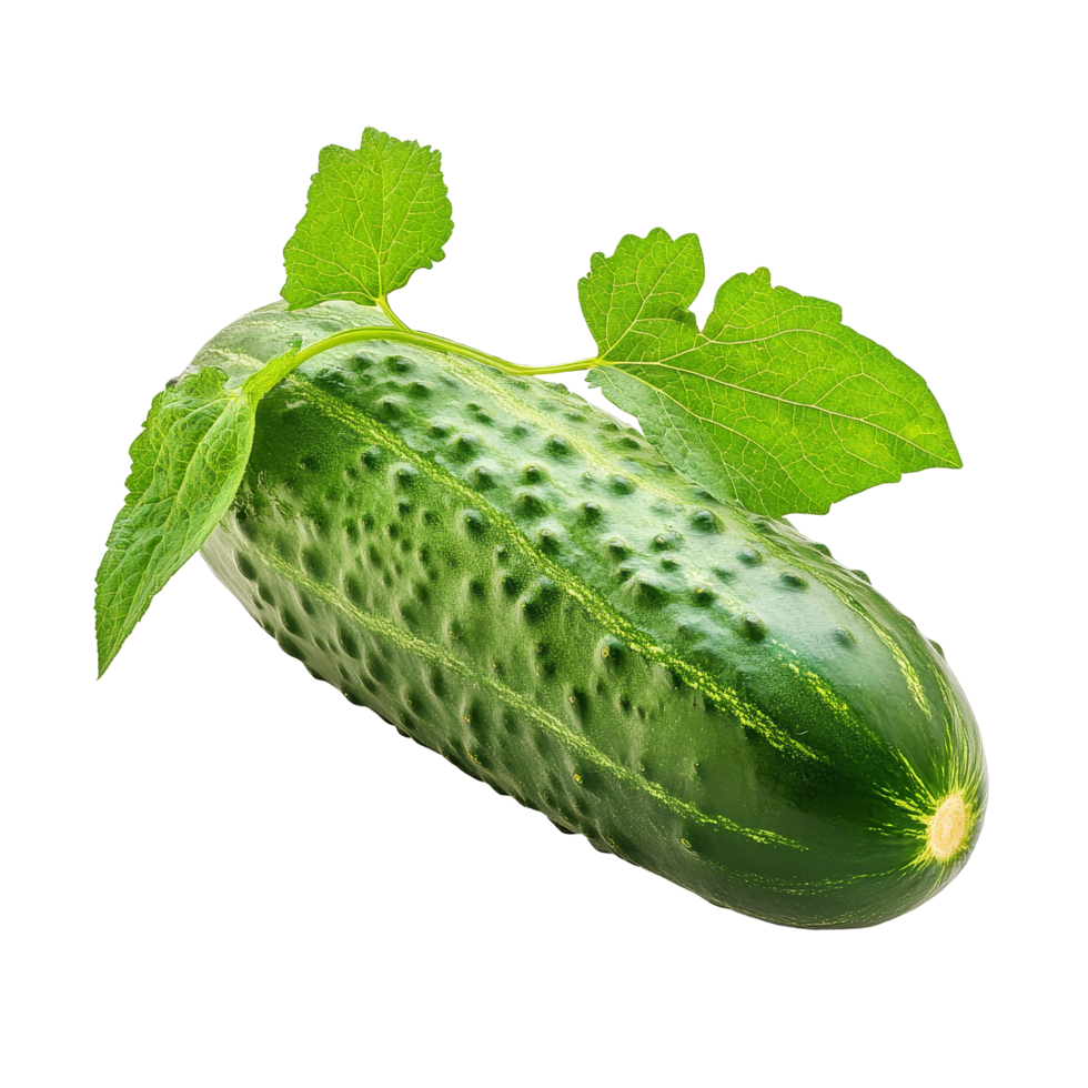 Fresh cucumber with vibrant green leaf isolated on a clean transparent background in lighting for food photography purposes, Cucumber with leaf isolated on transparent background png