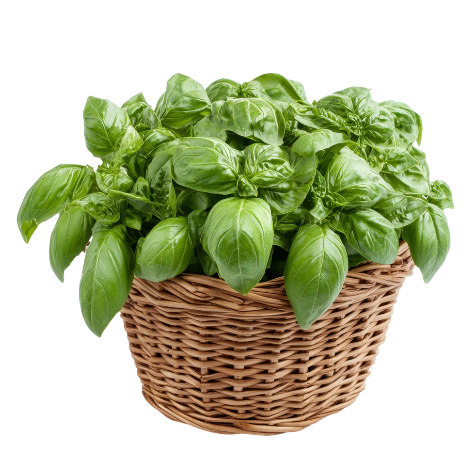 Fresh sweet basil in a woven basket showcasing vibrant green leaves against a clean transparent background, Sweet Basil in the basket on transparent background png