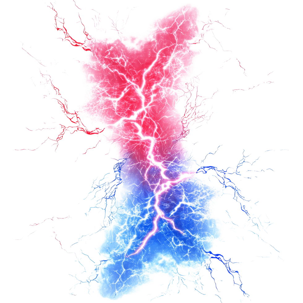 Striking blue and red electric lightning bolt isolated on a clean transparent background, blue red electric lightning isolated on transparent background png