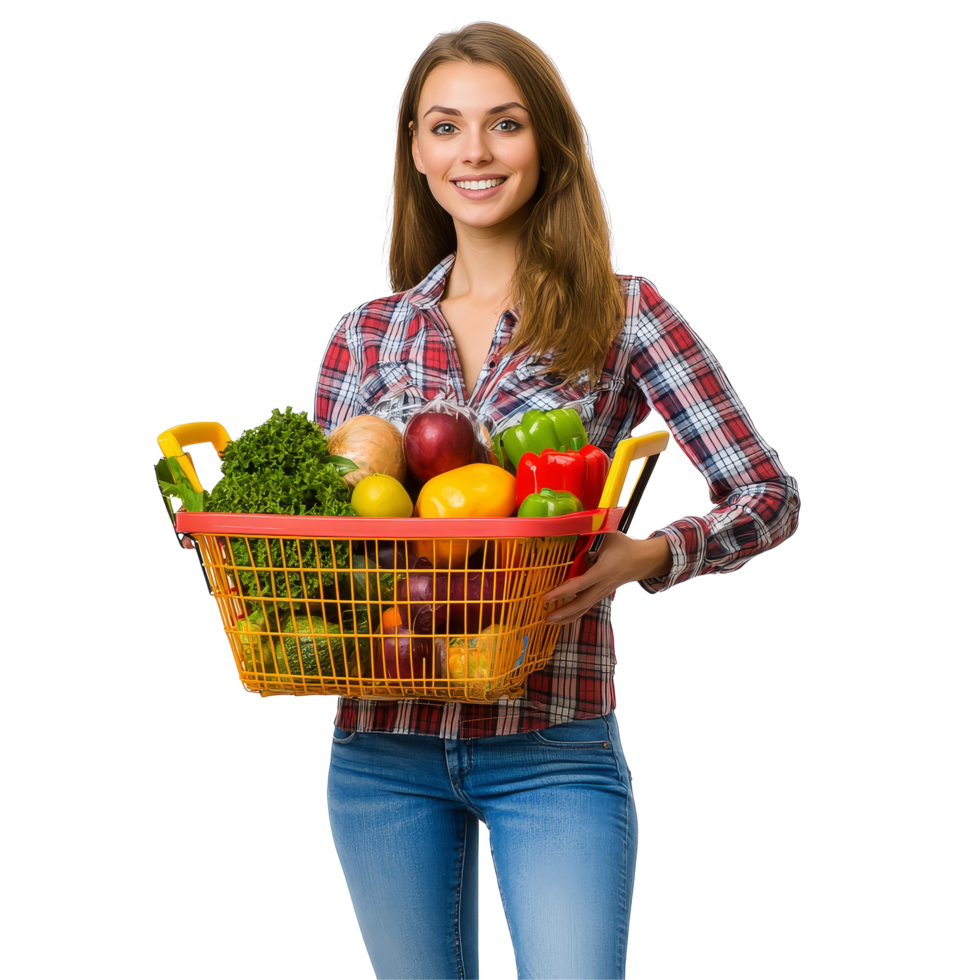 Young woman happily holding a full shopping basket of fresh fruits and vegetables in a kitchen setting, file no background Young woman holding a full shopping basket png