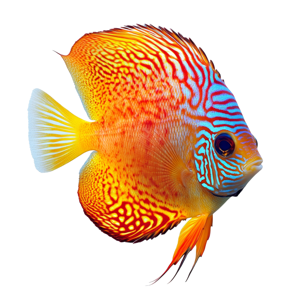 Vibrant discus fish swimming gracefully on a transparent background showcasing its striking colors and patterns, discus fish isolated on transparent background png