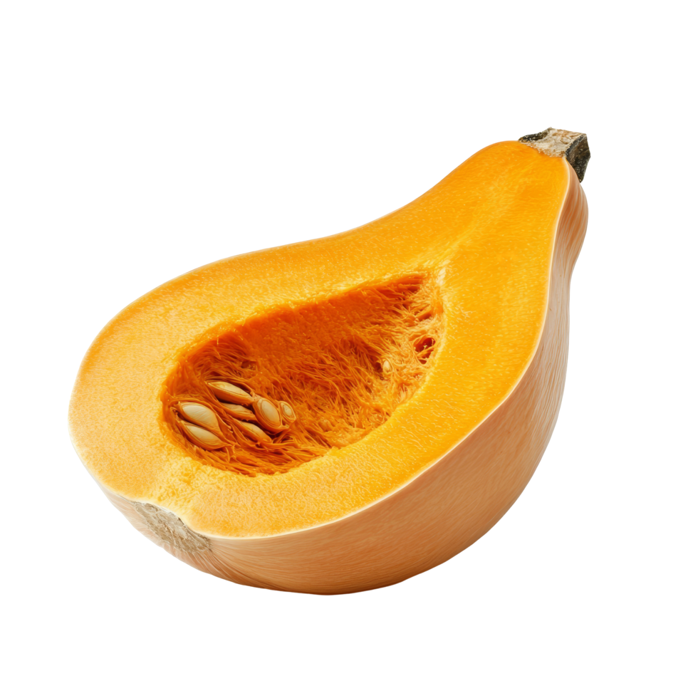 Half butternut squash with a vibrant orange flesh and seeds shown against a clean transparent background, half butternut squash isolated on transparent background png