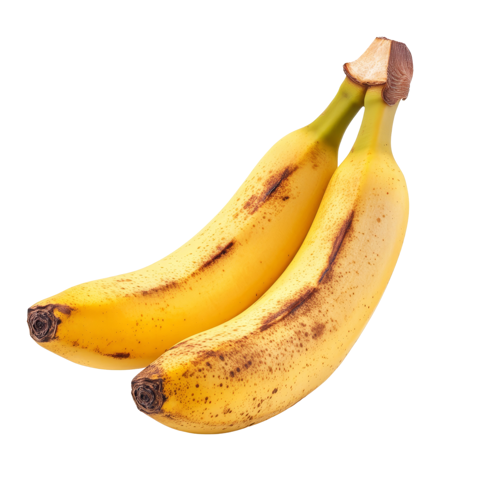 Two ripe bananas isolated on a clean transparent background highlighting their bright yellow color and natural texture, Ripe banana isolated on transparent background png