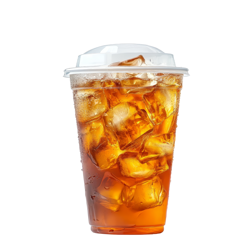 Refreshing iced tea in a clear plastic cup with transparent lid against a clean transparent background, ice tea in plastic cup with cap isolated on transparent background png