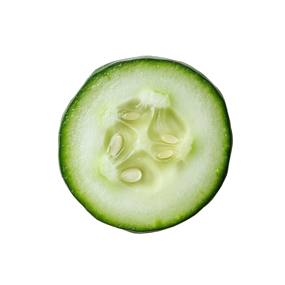 Freshly cut juicy cucumber slice on a clean transparent background ready for cooking or snacking, fresh juicy slice cucumber on transparent background png