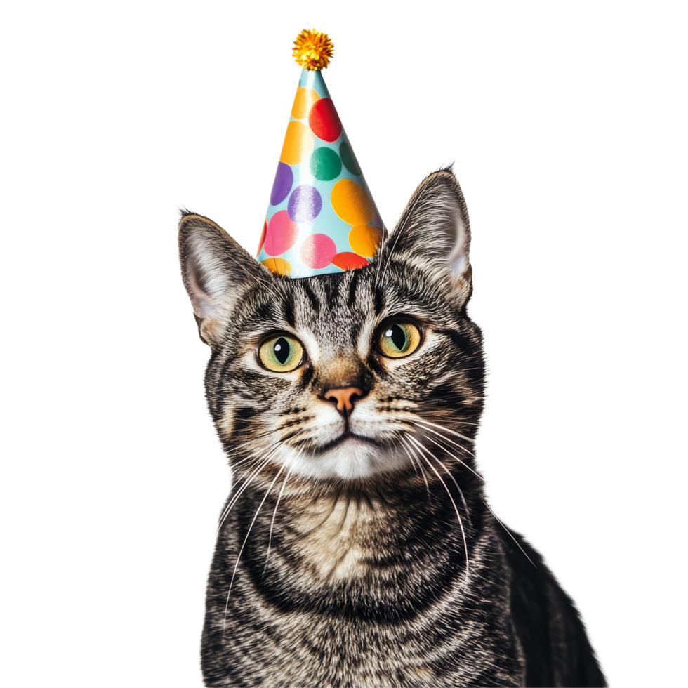 Tabby cat wearing a colorful party hat on a transparent background celebrating a festive moment, Tabby Cat with Colorful Party Hat on transparent background png