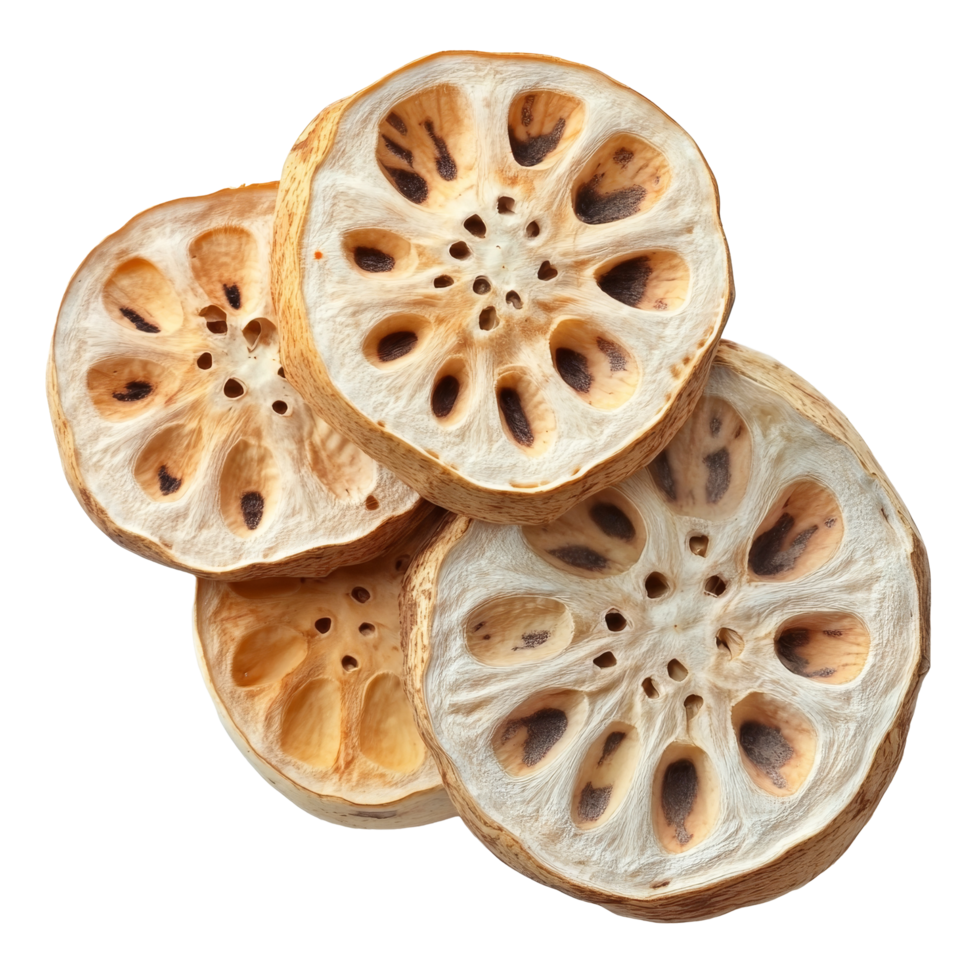 Fresh lotus roots sliced and arranged on a clean transparent background showcasing their unique textures and patterns, Lotus roots isolated on transparent background png