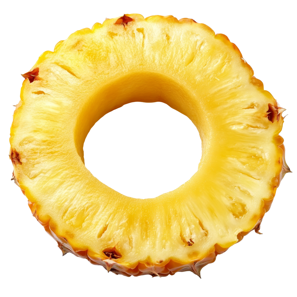 Fresh pineapple ring on a plain surface, showcasing its vibrant yellow color and natural texture, Single ring of fresh pineapple png
