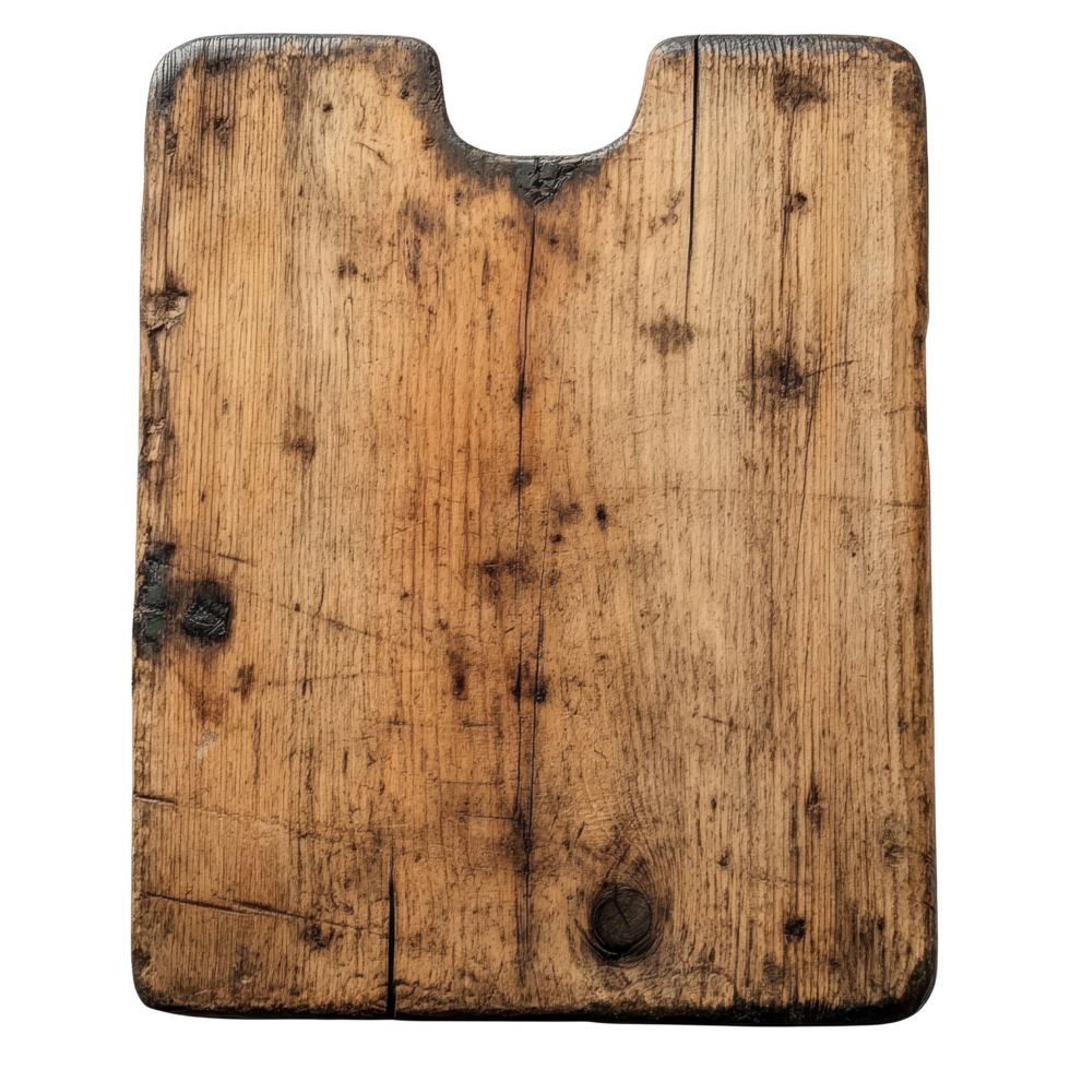 Isolated vintage wooden cutting board showcasing natural wear and rustic charm in a simple, uncluttered setting, Isolated old dark wooden cutting board png