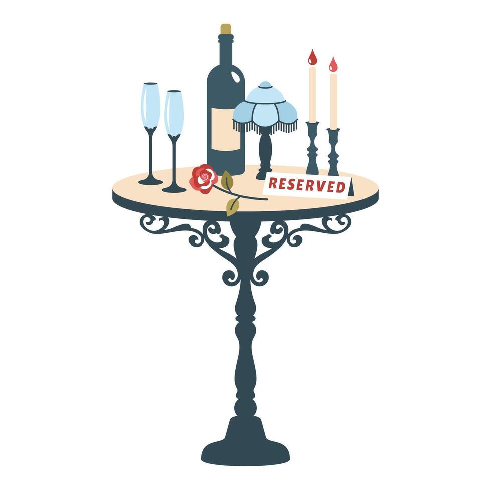 Reserved table. Romantic table restaurant isolated on white background. Vintage table with festive table setting. Table for two with bottle of wine, lamp, glasses, rose, candles. illustration vector