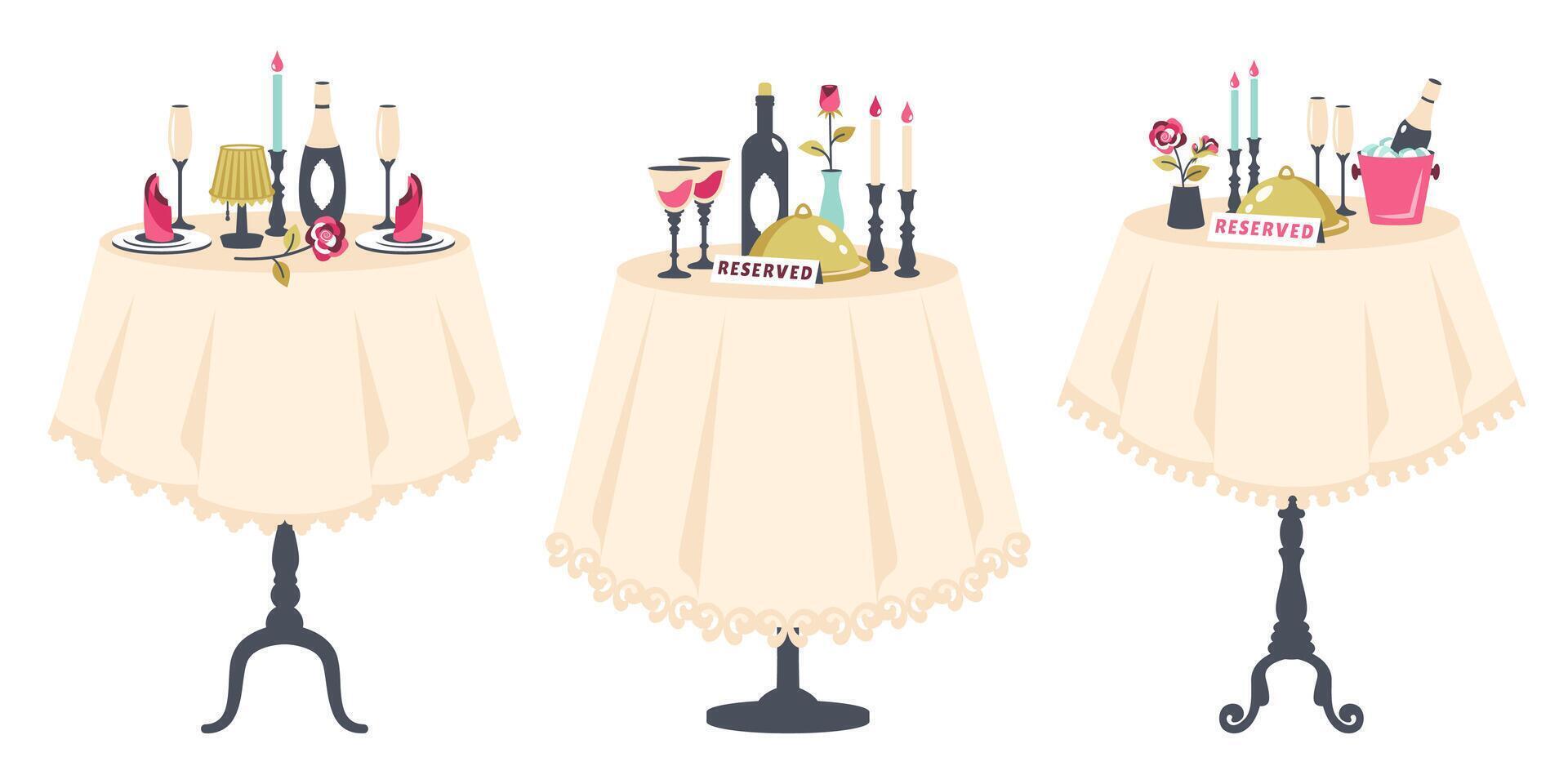 Romantic dinner set. Reserved tables for two. Romantic tables isolated. Table with tablecloth, cutlery, glasses, champagne, flowers, wine, candles. Romantic setting. vector