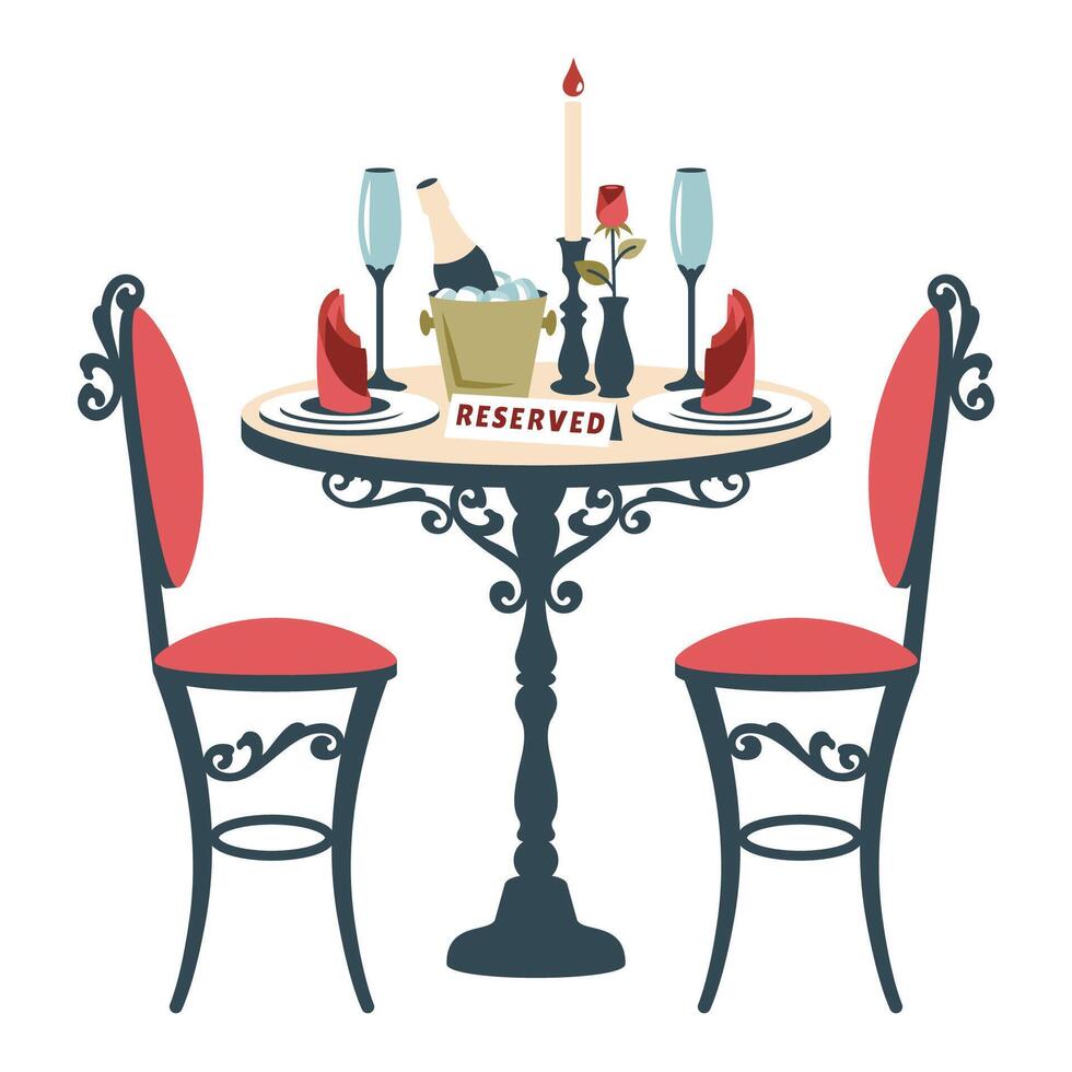 Romantic table. Vintage table and chairs with Romantic setting. Restaurant reservation. Table for two with bottle of wine, lamp, glasses, rose, candles. cartoon flat illustration vector