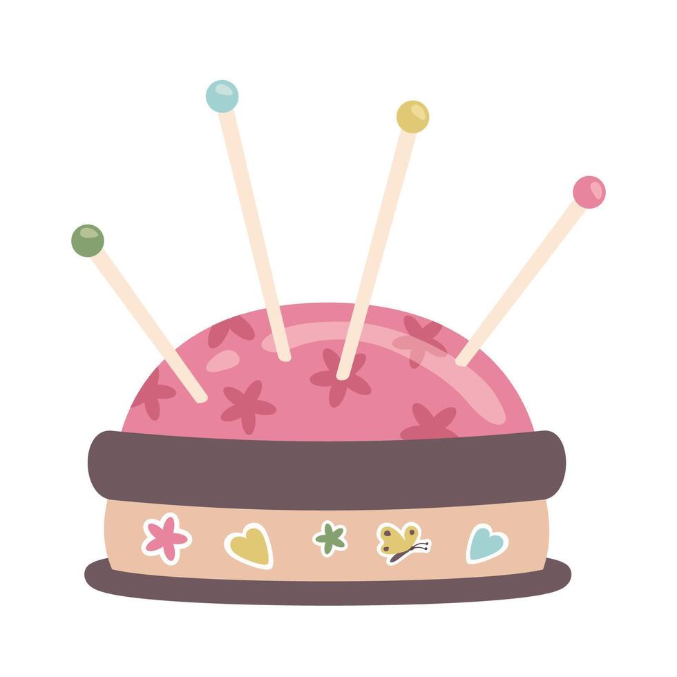 Needle pad isolated on white background. Needle and pin cushion with various colour thin pins. Needlework. Knitting and sewing accessories. illustration vector