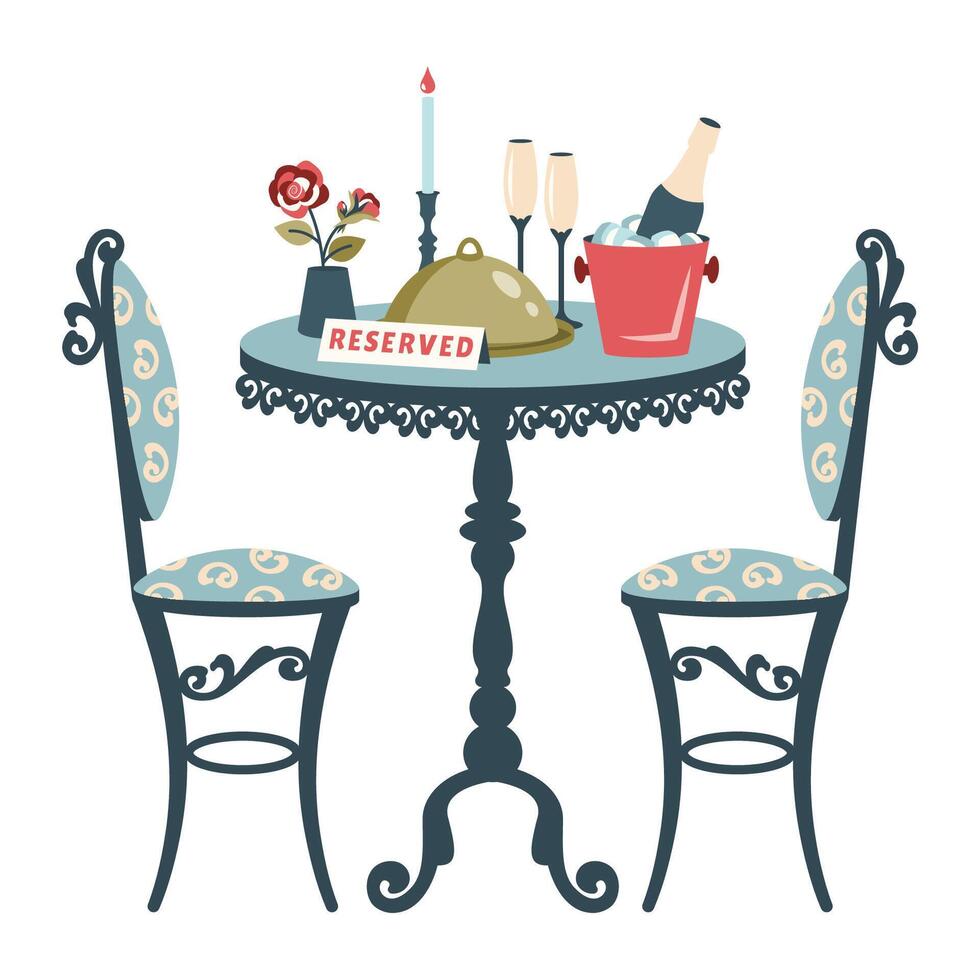 Dinner at Restaurant. Vintage table and chairs isolated on white background. Antique old furniture with restaurant food. Romantic dinner. Reserved table in Restaurant. Valentine table. vector