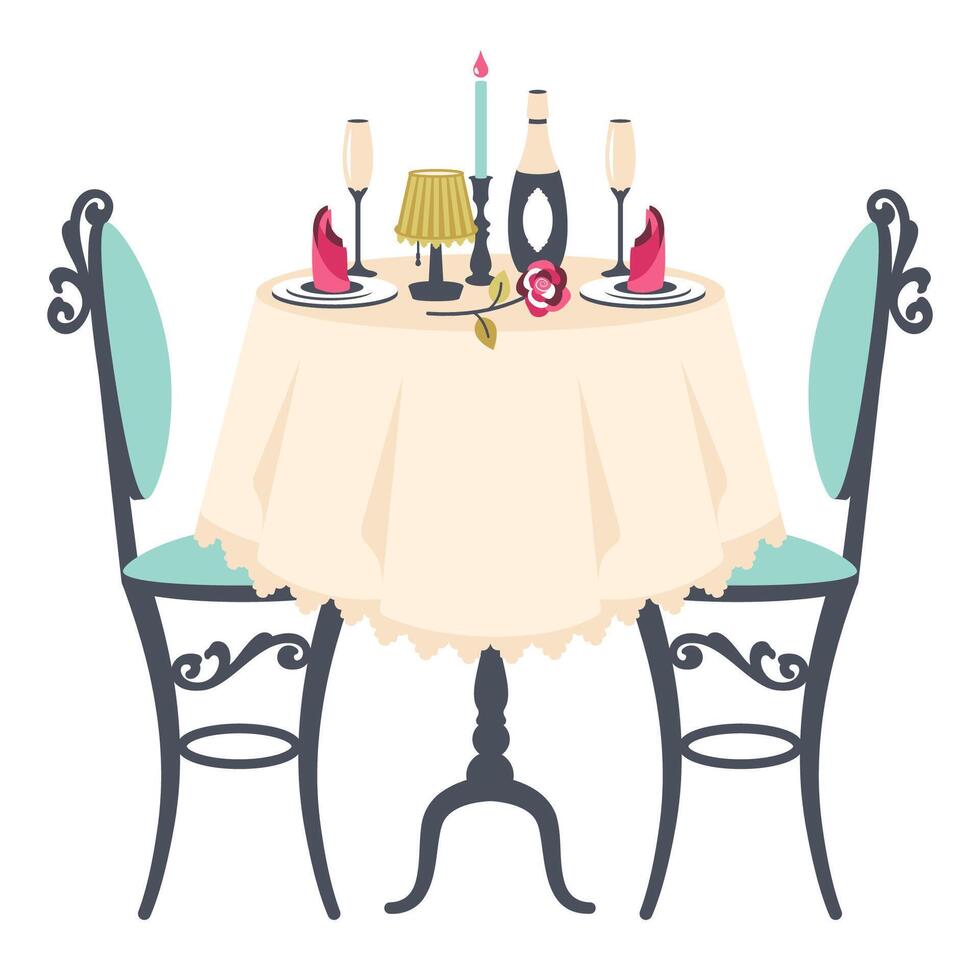 Table with tablecloth. Romantic dinner. Vintage table and chairs with Romantic setting at Restaurant. Table for two with bottle of wine, champagne, flower, glasses, cutlery, napkins. vector