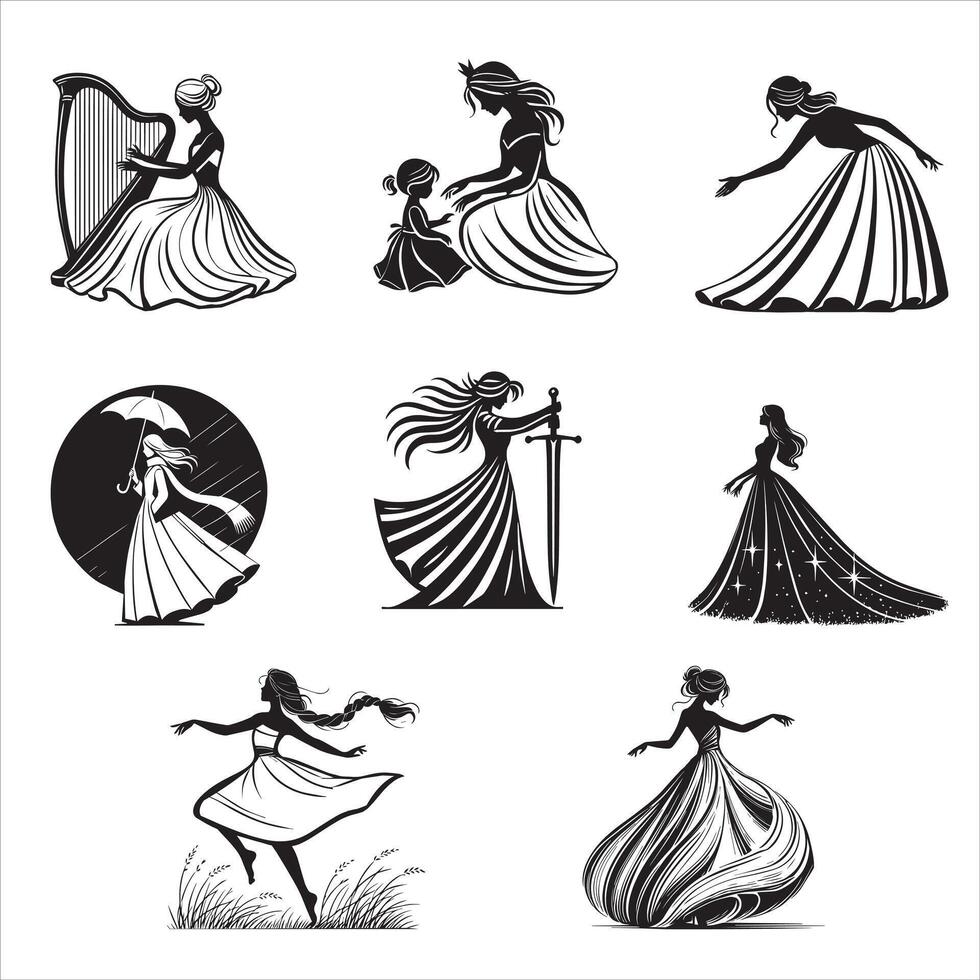 Elegant Princess Silhouettes Bundle, Dancing, Sword, and Graceful Poses vector