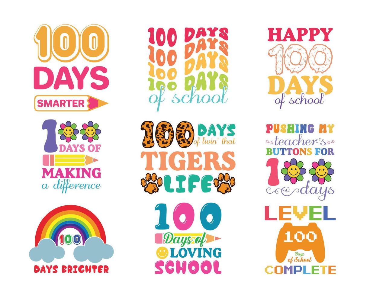 100 Days Of School Quote Typography T-Shirt Design Bundle , Stylish and Funny 100 Days School T-Shirt Collection vector