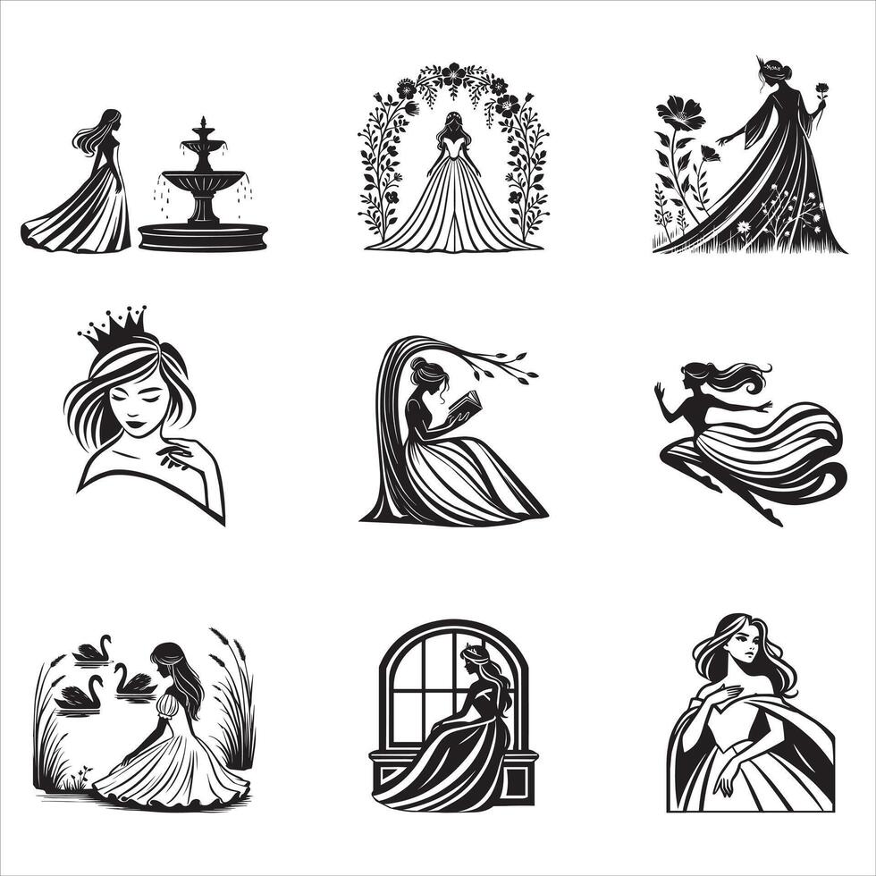 Royal Princess Silhouettes Bundle, Graceful Poses, Crowns, and Fairy Tale Scenes vector