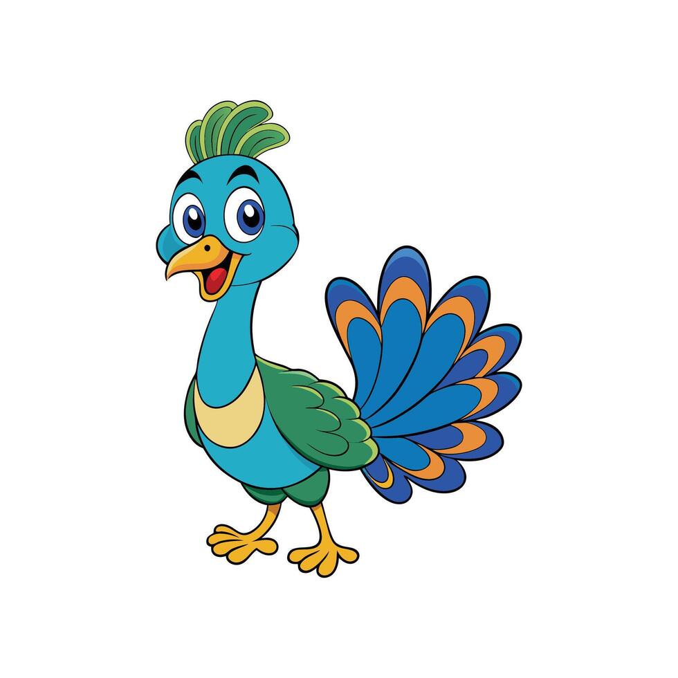 A Happy Cartoon Peacock Illustration with Vibrant Feathers on White Background vector