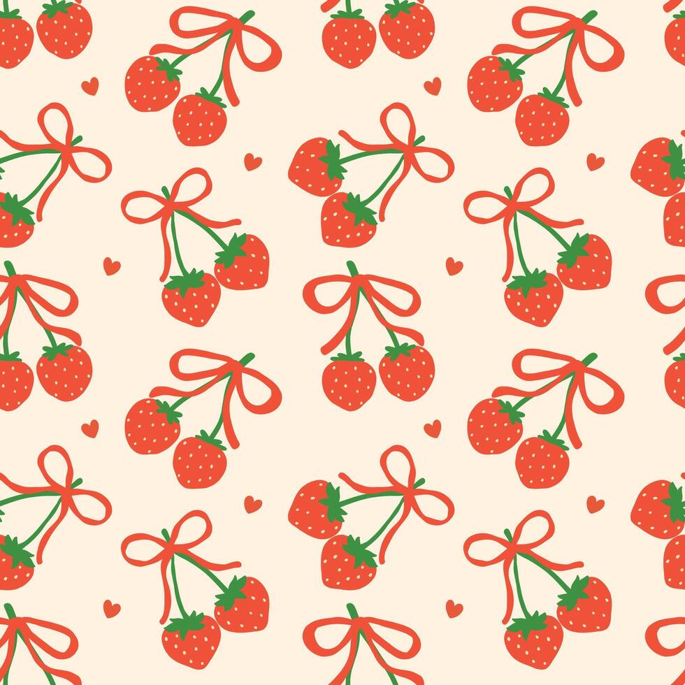 Reto Coquette Valentine Heart Strawberry Bow Seamless Pattern isolated on background vector