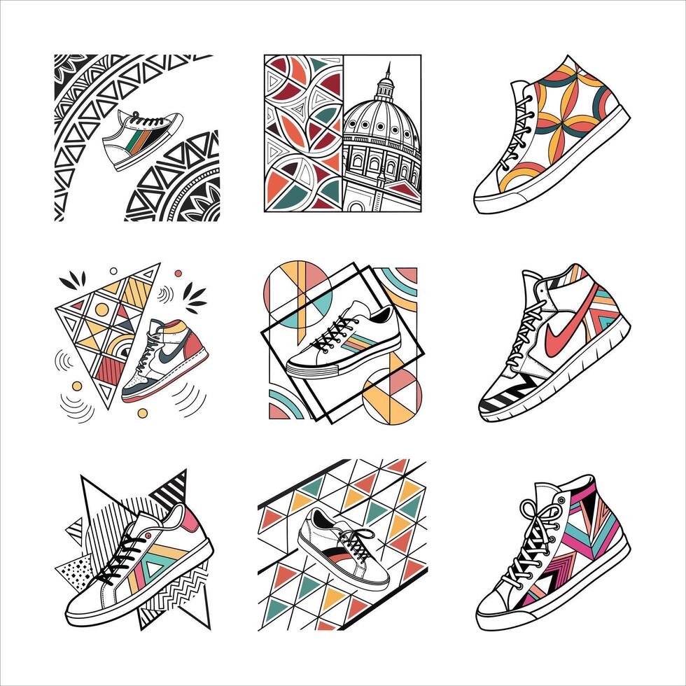 A dynamic hand-sketched abstract pattern with bold black strokes and multicolored geometric pattern designs. vector
