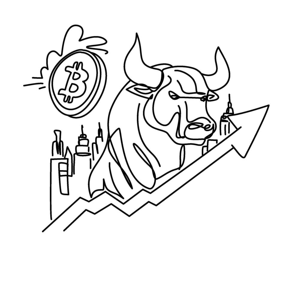 Illustration combining Bitcoin icon, bullish market arrow, and urban skyline representing financial growth and cryptocurrency trends in modern capitalism. vector