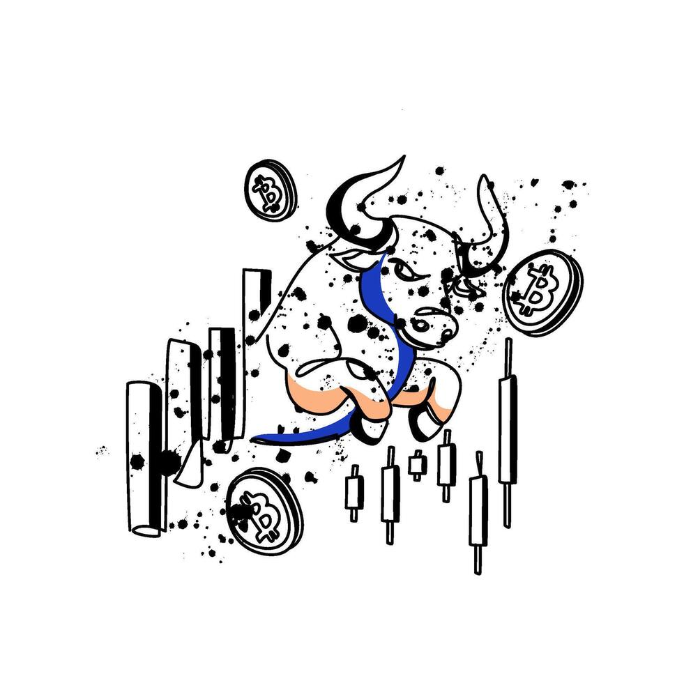 A vibrant artistic interpretation showcasing a charging bull surrounded by Bitcoin symbols and market candles, symbolizing growth and optimism in cryptocurrency markets vector