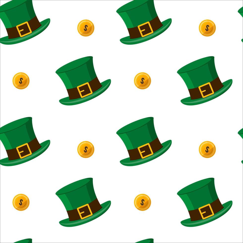 St. Patrick's Day-themed pattern of green leprechaun hats and gold coins, seamless on a white background, celebrating Irish culture vector