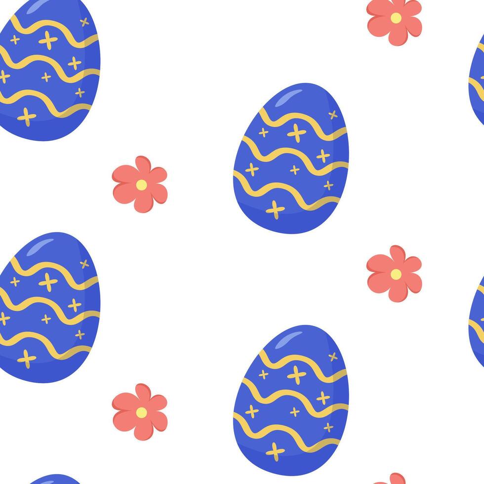Blue Easter eggs with yellow patterns and pink flowers on white. Cartoon style seamless pattern. Concept of Easter decoration vector
