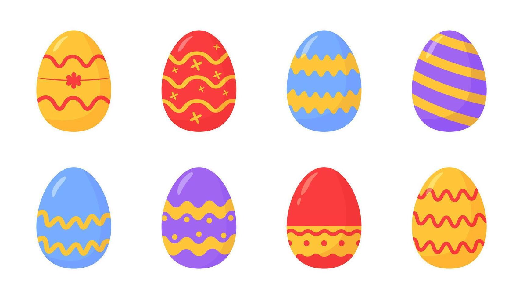 Eight vibrant Easter eggs with unique patterns and bright colors, displayed on a clean white background, symbolizing festivity vector