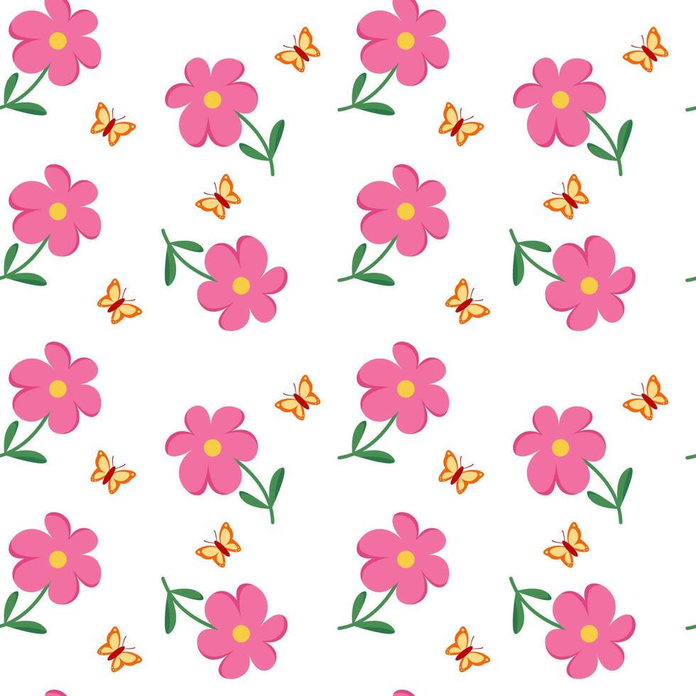 Bright pink flowers with green leaves and orange butterflies scattered on a white background, forming a cheerful floral pattern vector