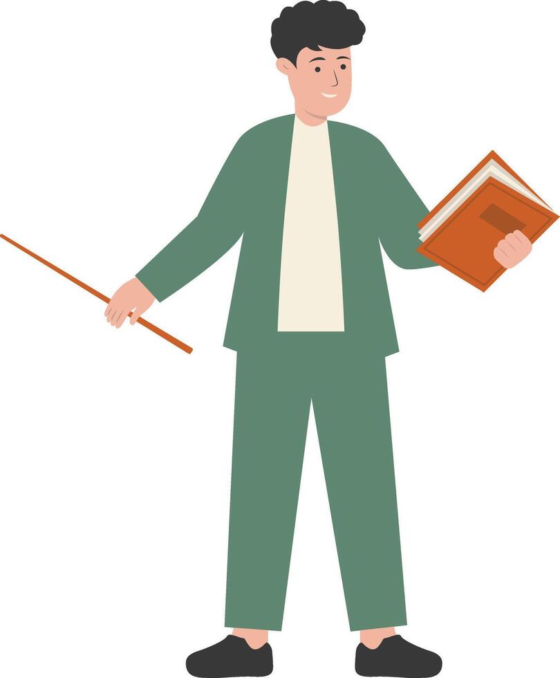 Men Teacher Holding Book and Stick with Green Uniform vector