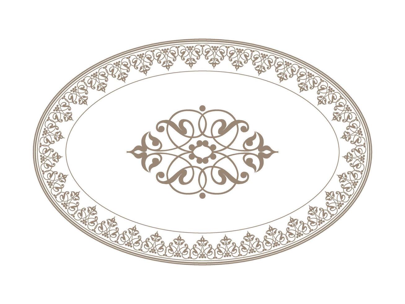 Vintage Oval frame arabesque in Victorian style. Oriental porcelain plate with golden pattern on white background. Plate with large floral element in center. Pattern frame for oval ceramics, textiles vector