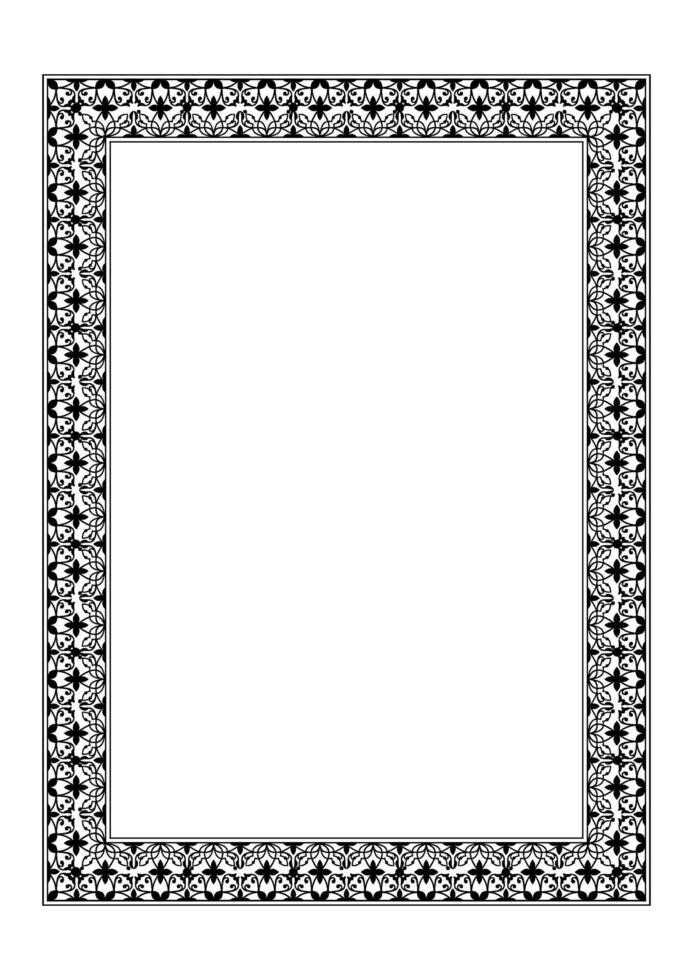 Black rectangular Vertical floral european national pattern frame. Ethnic rectangular ornament of Ancient Greece, Roman Empire, India. For invitations, diploma, engraving, embroidery, certificate. A4 vector