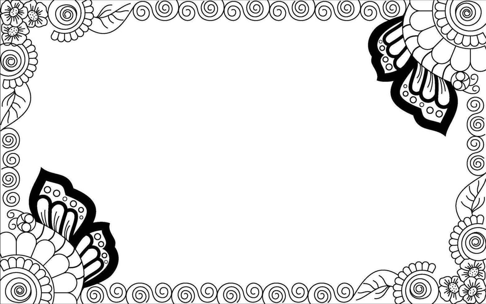 A black and white floral border with a butterfly vector