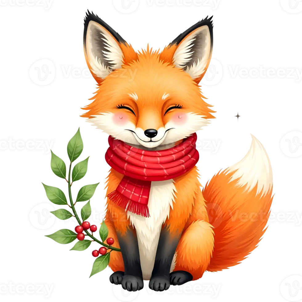 A cartoon fox wearing a scarf and holding a holly branch png